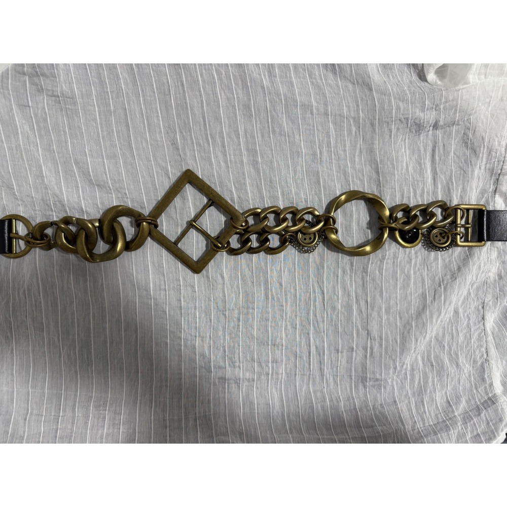 Zara Black Leather Chunky Antique Brass Chain Statement Belt 80 Geometric - Picture 2 of 5